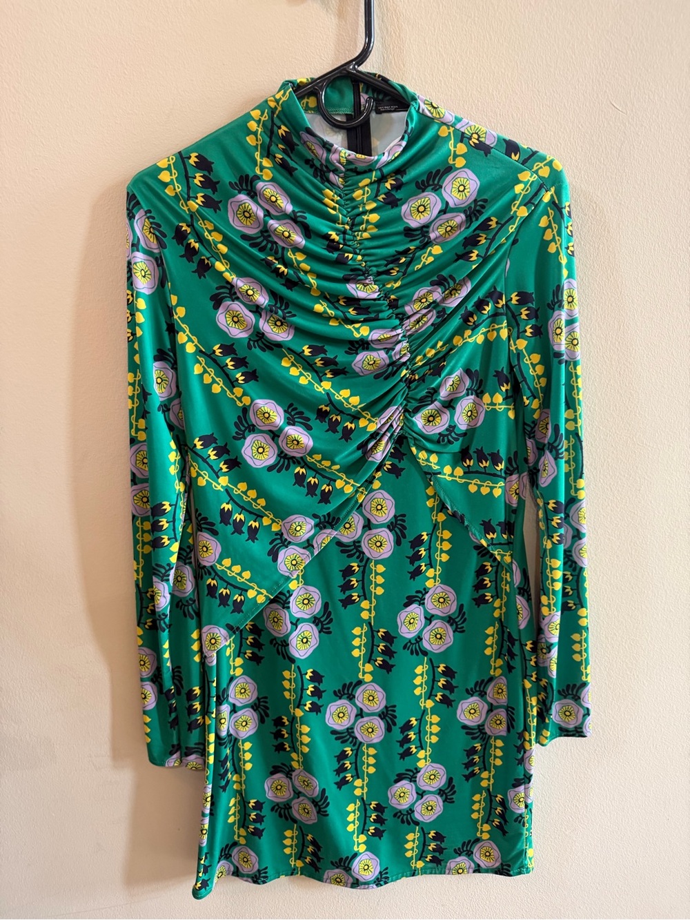 Zara Green Floral Ruched Cowl Long-Sleeve Dress